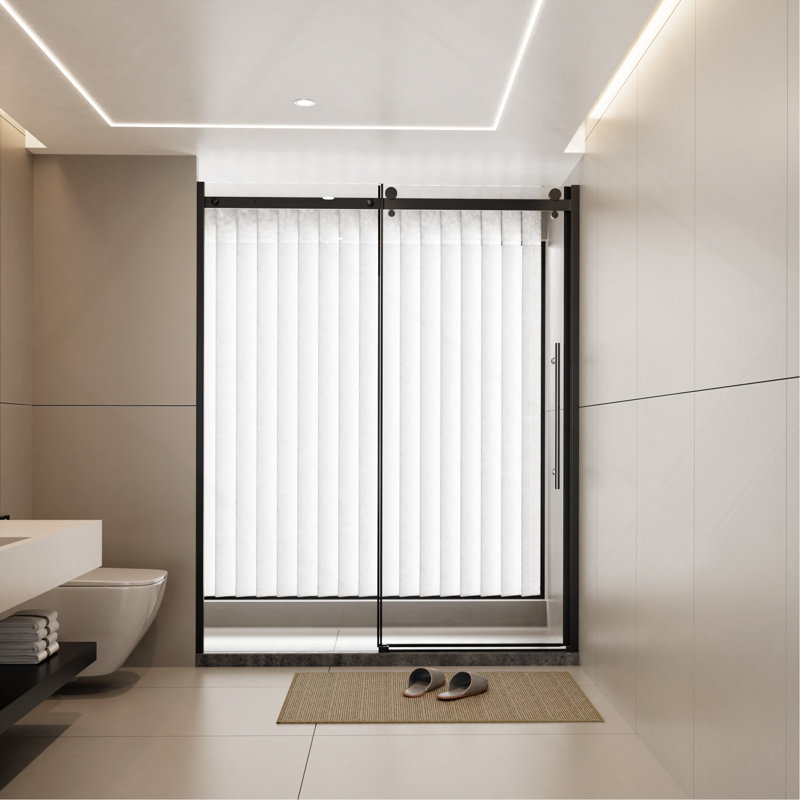 60.in W x 72.in H Frameless Shower Door Single Sliding, 1/4 inch Thick Clear Tempered Glass Shower Door with Zinc Roller Rail System, Stainless Steel Handle, Black
