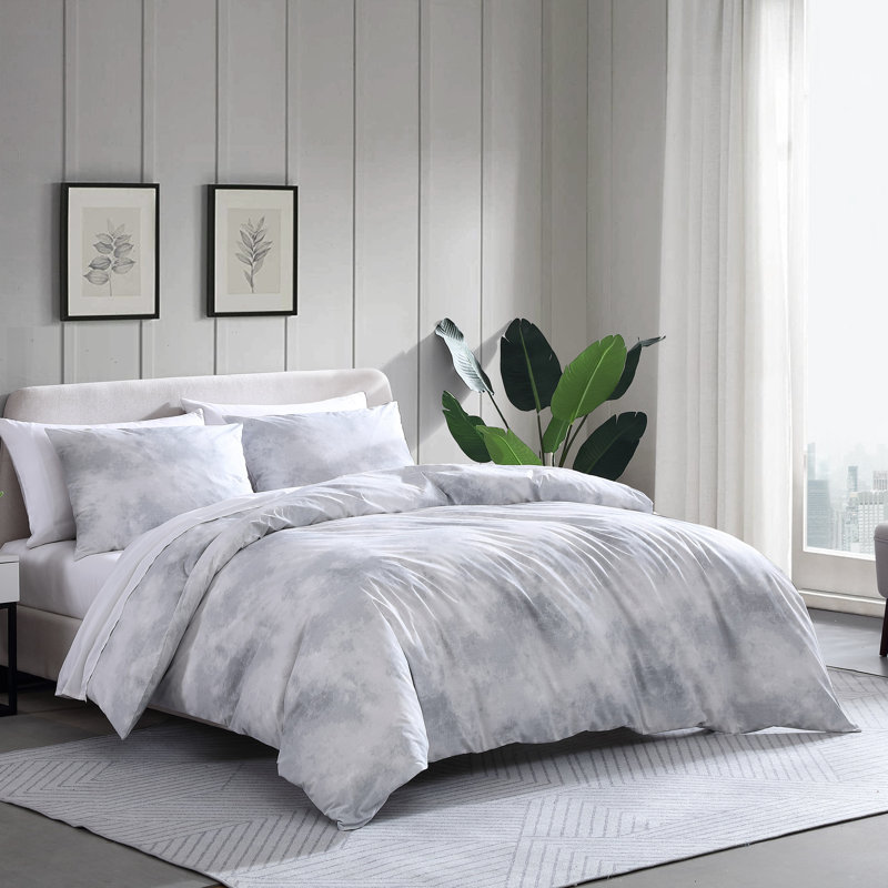 Gray and White Cotton Twin Duvet Cover Set