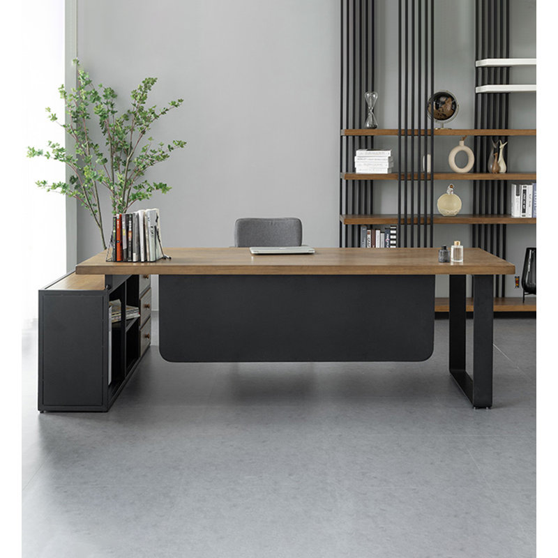 Bureau de direction moderne en L avec structure en métal et armoire de rangement, 29.5" H x 78.7" W x 59.1" D