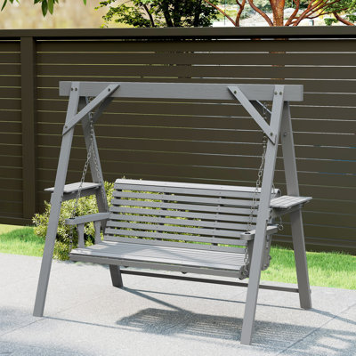 Outsunny 3 Seater Garden Swing Seat Wooden Bench with Side Tables Dark Grey