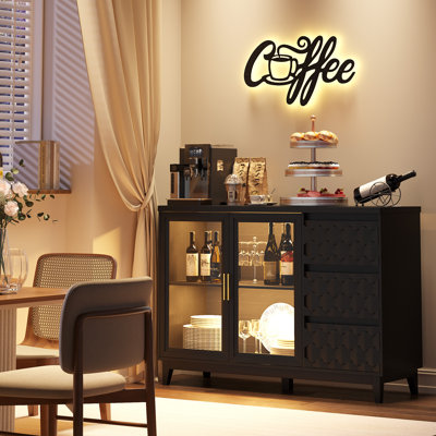 Buffet l 47,2 "avec 3 tiroirs, buffet avec porte vitrée et lumière DEL