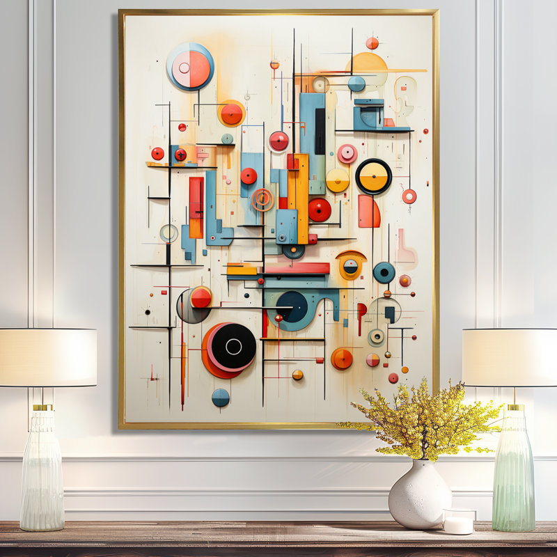 Art géométrique rétro Mid Century, H 32 po x l 16 po x P 1 po, Toile avec cadre flottant or