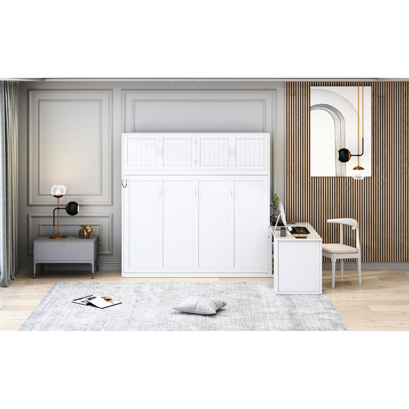 Grand lit escamotable White Space avec mécanisme hydraulique, bureau et rangement pour tablettes de bureau, capacité de 600 lb, petits espaces