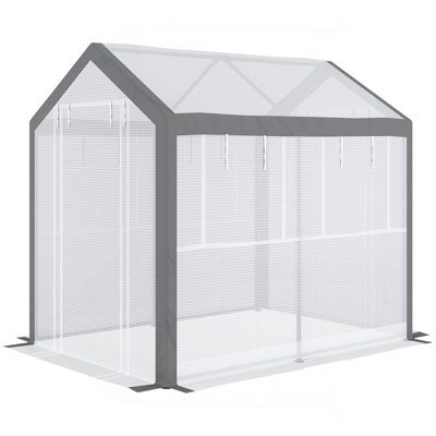 8' X 6' X 7.5' Walk-In Greenhouse, Outdoor Gardening Canopy With 6 Roll-Up Windows, 2 Zippered Doors & Weather Cover, White