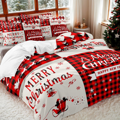 Ensemble de literie Shenglei Merry Merry en microfibre à carreaux rouges et noirs, avec 2 taies d'oreiller, format Queen (garnitures non comprises)