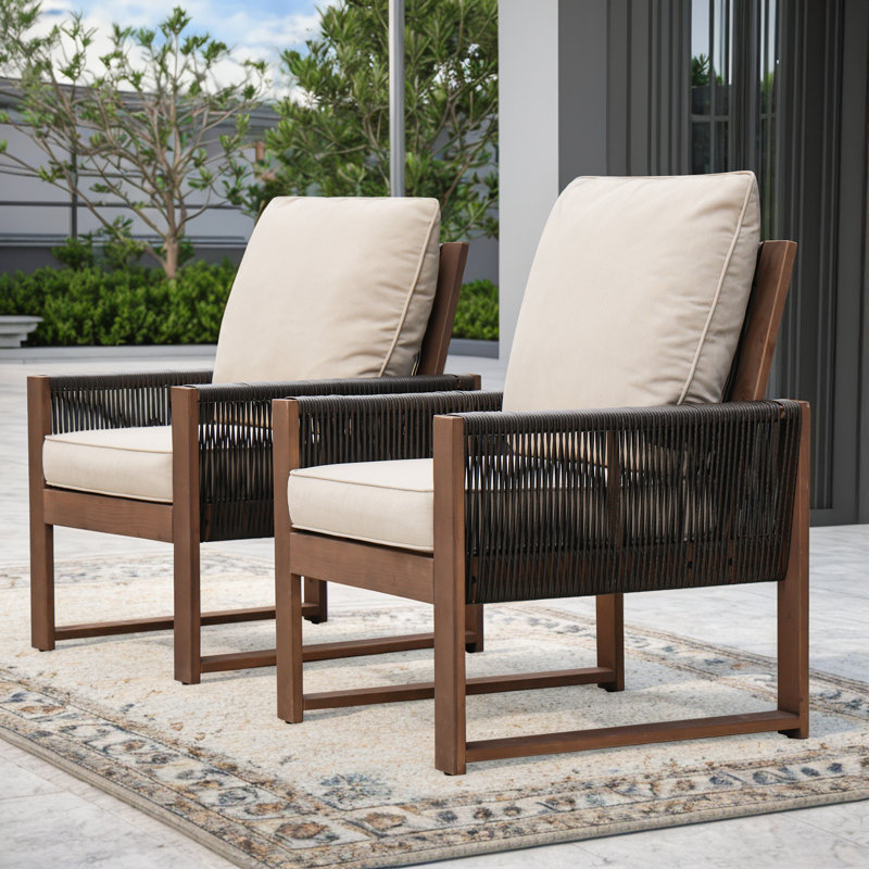 2-Person Outdoor Wooden Seating Group With Cushions, Beige