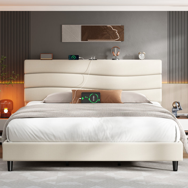 Upholstered Storage Bed with Charging Station, Beige, King