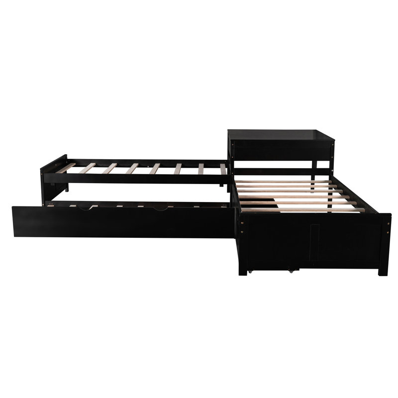 Twin L-Shaped Bed With Trundle And Drawer Space Saving Design In Rich Storage, Espresso