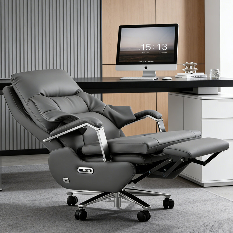 47.64" Light Gray Luxury Leather Executive Chair, Reclining with Heating and Massage, Office Chair for Home Use
