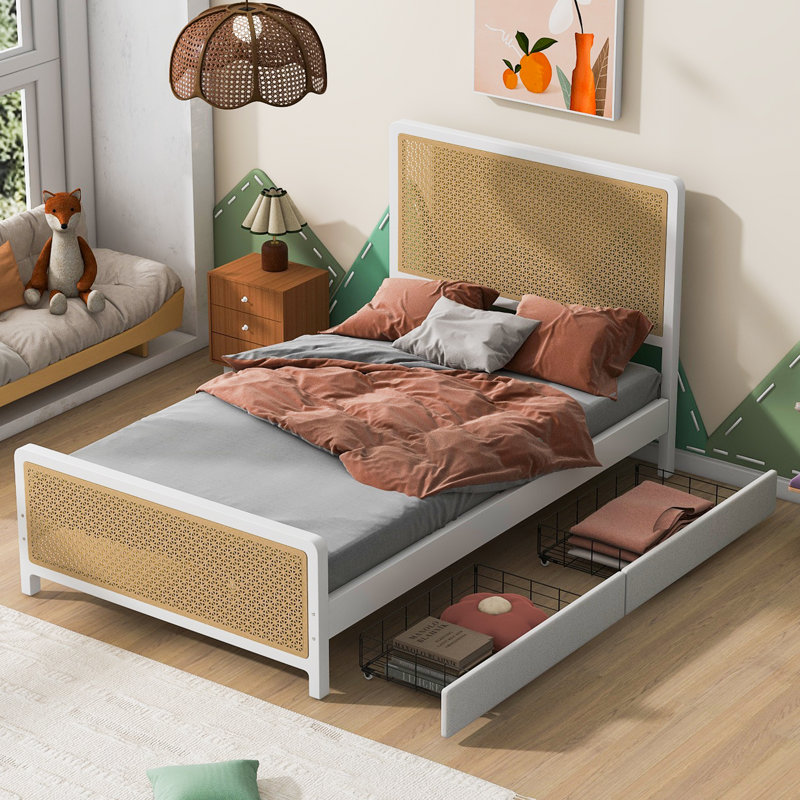 Lit plateforme en métal avec 2 tiroirs, blanc, Lit double
