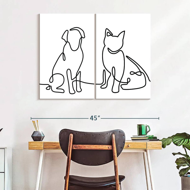 One Line Dog And Cat On Canvas 2 Pieces Set, 30" H x 41" W x 1.25" D