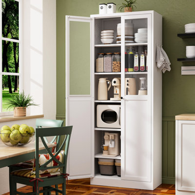 White 72" Metal Storage Organizer With Doors And 5 Adjustable Shelves, Tool - Assembly, Suitable For Multiple Rooms 72 Inch Tall Heavy Duty Cabinet, Freestanding Bathroom, Pantry, Formaldehyde Finish