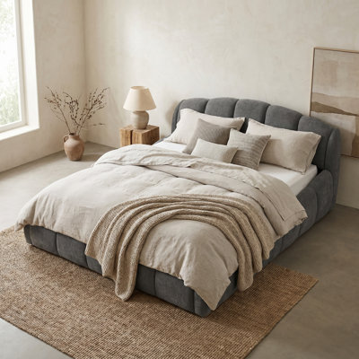 Queen Size Chenille Upholstered Platform Bed Frame, Thick Curved Headboard & Wrapped Footboard, Low Profile Floor Bed, No Box Spring Required, Soft Padded Bedroom Furniture