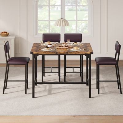 5-Piece Dining Table Set for 4, Compact Kitchen Table with 4 Upholstered PU Leather Bar Stools, Space-Saving H-Frame Design for Small Apartments & Nooks