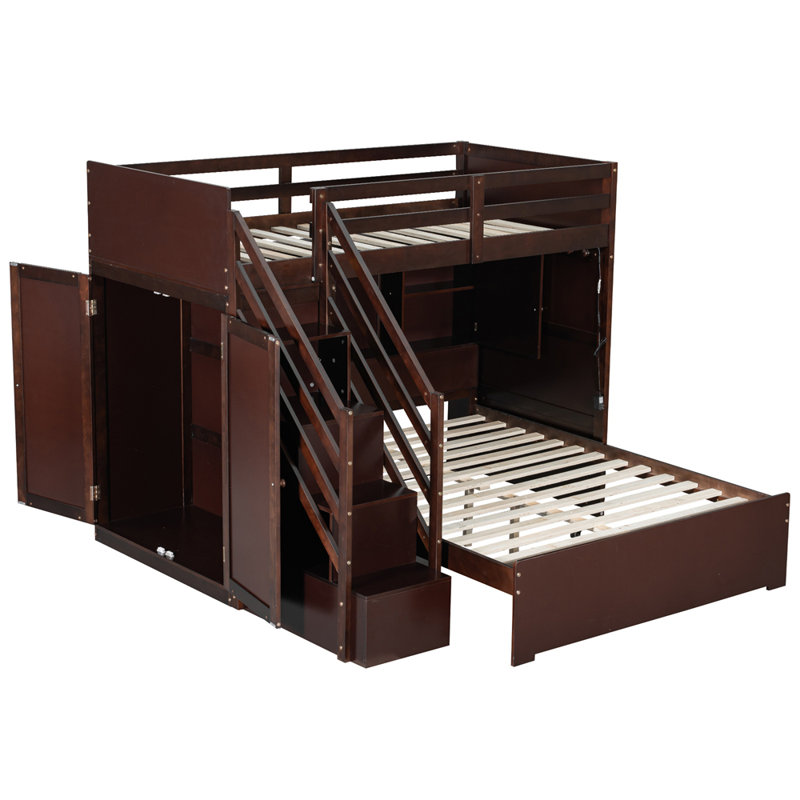 Lit superposé simple au dessus d'un lit double avec escalier de rangement, garde-robe, port USB et lumière, Espresso