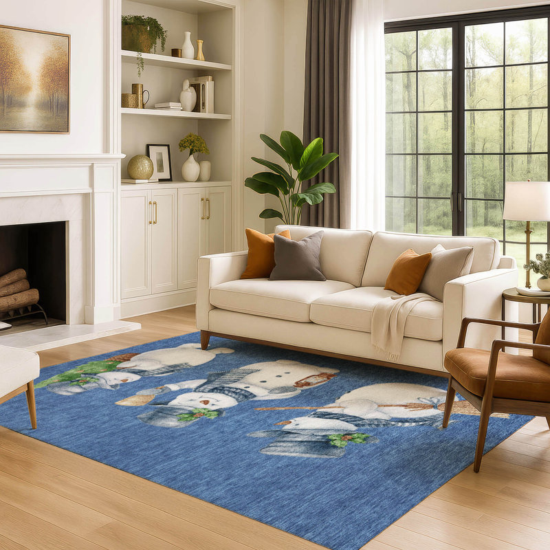 Premium Machine Washable Ingrassellino AMF1826 Happy Snowmen Holiday Rug, Rectangle 9' x 12'