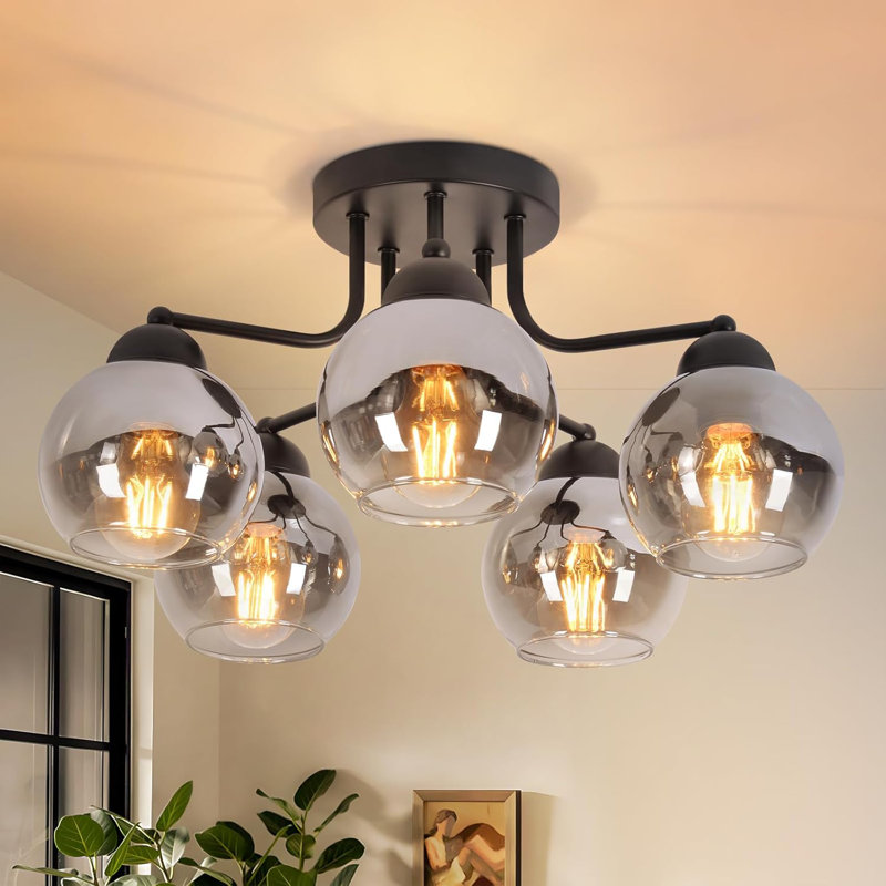 5-light Glass Semi Flush Mount smoke grey Ceiling Light