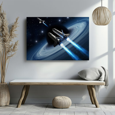Canvas A Pair Of Futuristic Space Shuttles Gliding Through A Cosmic Wall Art Scene Dominated By A Swirling Black Hole Surrounded By A Canvas Wall Art