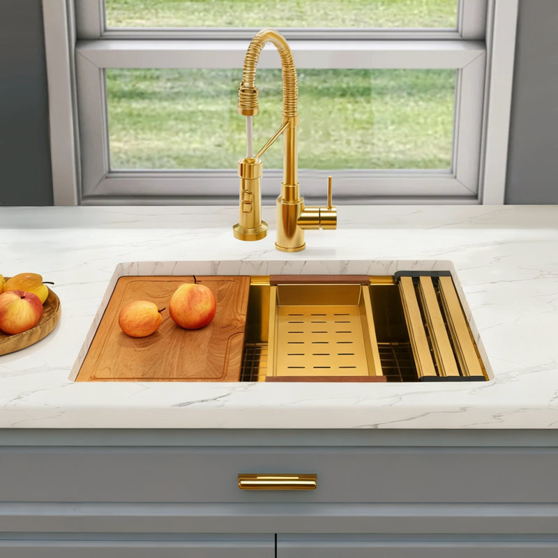 28''L X 18''W Workstation Undermount 16 Gauge Stainless Steel Kitchen Sink Single Bowl, Gold