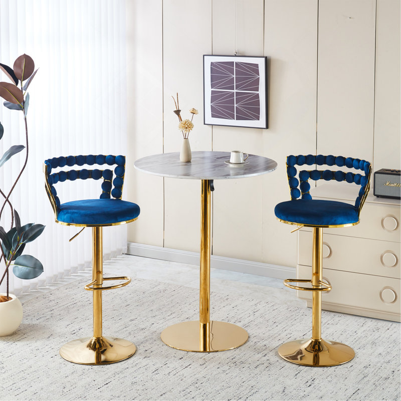 Ensemble de table de bar Modern Gold moderne avec 2 tabourets de bar réglables, table de pub ronde à motif de marbre pour le bar et la cuisine