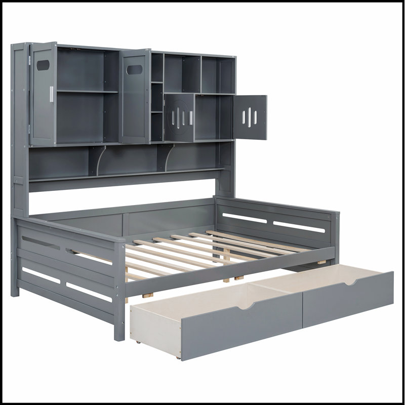 Lit de jour en bois avec 2 tiroirs spacieux, armoire et tablette tout-en-un pour un rangement et un confort accrus, Gris