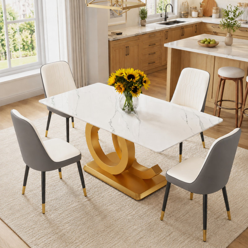 Aurum Modern Dining Set: Marble-Texture Glass Table & Gold Dual-Tone Chairs（Set of 5）, 5, White/Dark Grey