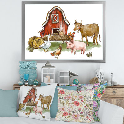" Farm House With Goose Chicken Cow Pig And Haystack "