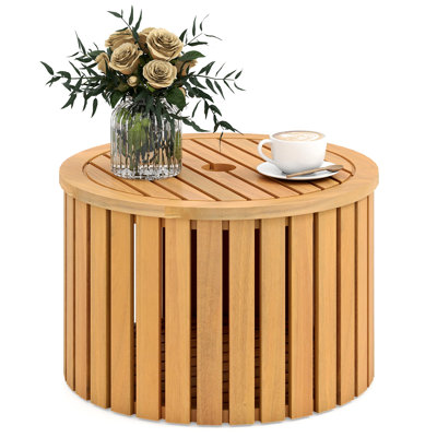 2-In-1 Acacia Wood Outdoor Side Table With Storage, Round