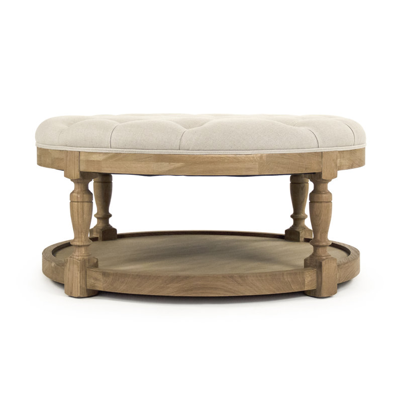 Natural Oak & Linen Round Tufted Upholstered Ottoman