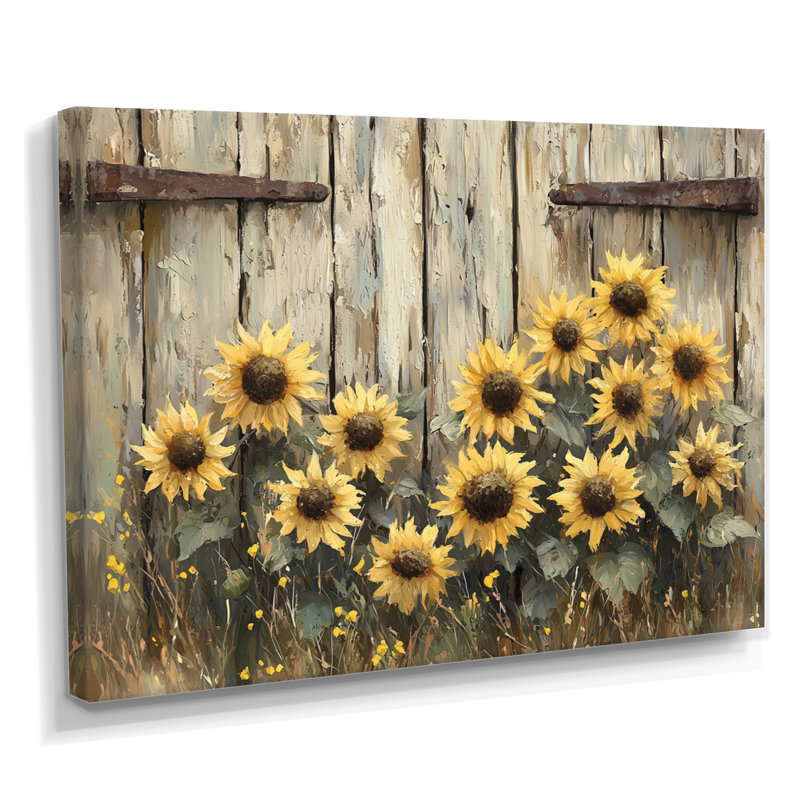 Donals Sunflowers By The Barn Door I - Art mural tournesols, Ne pas appliquer, H 12 po x l 20 po, Toile tendue