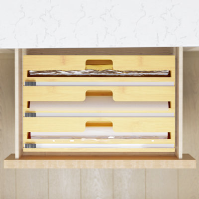 WrapNeat 3 in 1 Wrap Organizer with Cutter and Labels, Plastic Wrap, Aluminum Foil and Wax Bamboo Dispenser for Kitchen Storage Organization Holder
