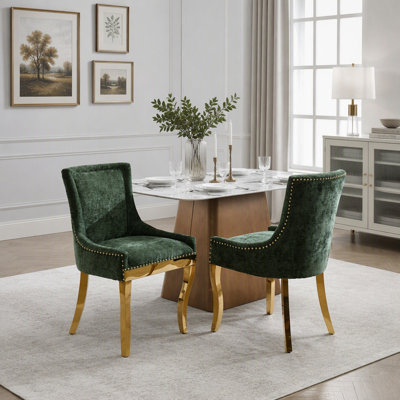 Chenille Dining Chairs, Modern Style with Curved Gold-Plated Legs & Rivet Trim, Upholstered Comfort for Dining/Lounge, Set of 2