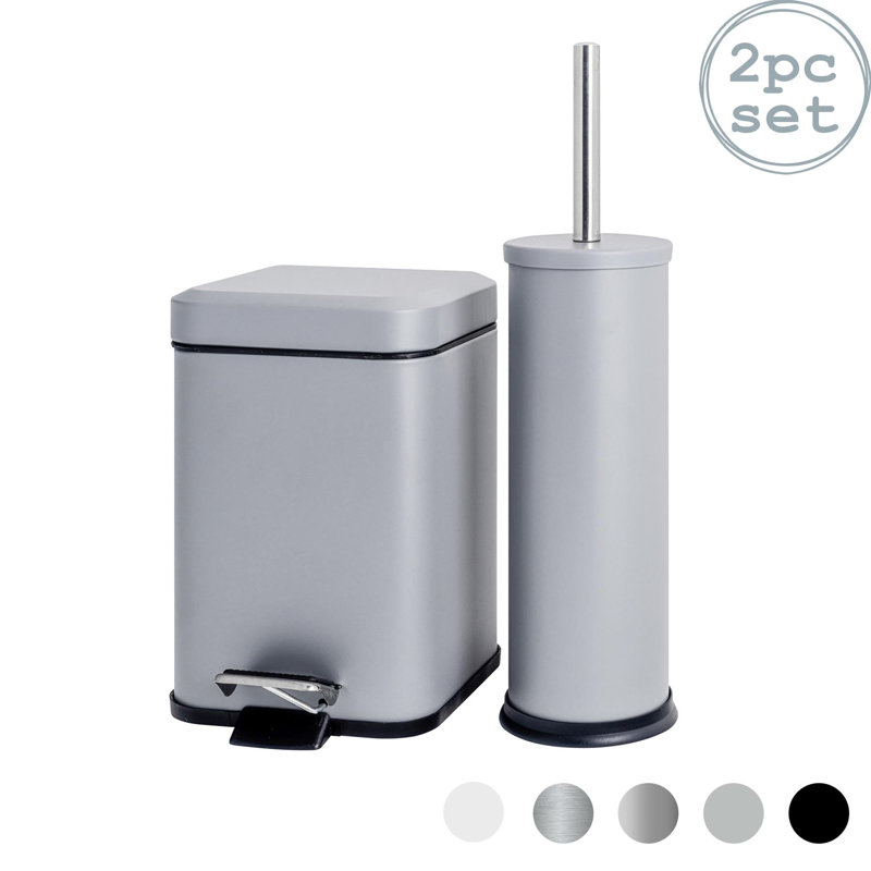 Harbour Housewares - 3L Mismatched Bathroom Bin & Brush Set - Stainless Steel Bin & Cleaning Brush, Grey