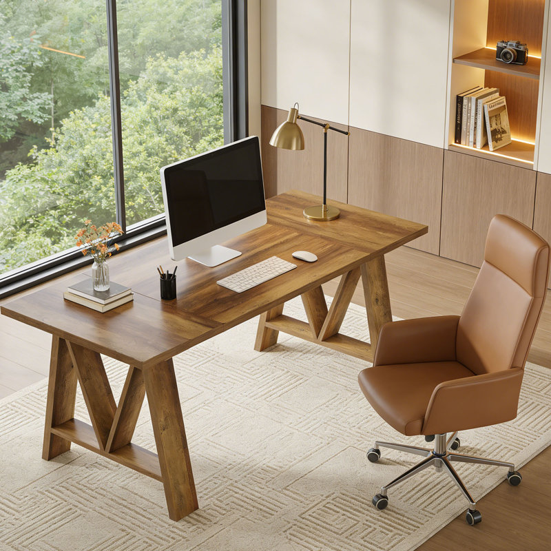 63-inch Farmhouse Wooden Executive Desk With Sturdy Legs