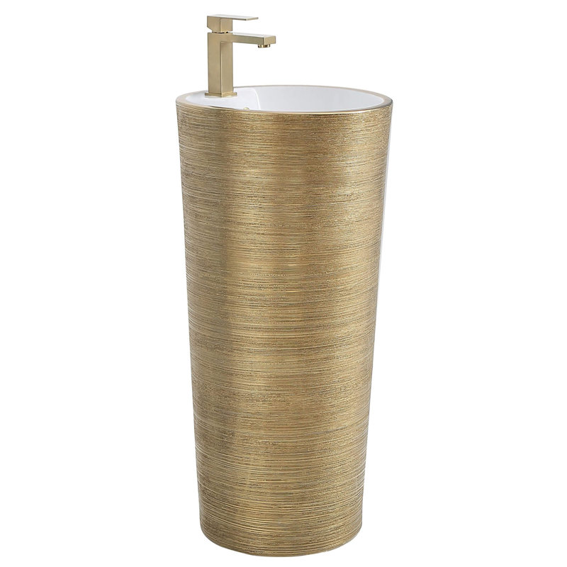 Vitreous China Pedestal Bathroom Sink with Overflow, Brushed Gold
