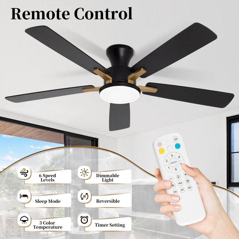 Ventilateur de plafond de 52 pouces avec lumière, télécommande, profil bas encastré, lumière à DEL à intensité variable, moteur réversible silencieux pour la chambre à coucher, le salon, styles noir et brun à double usage