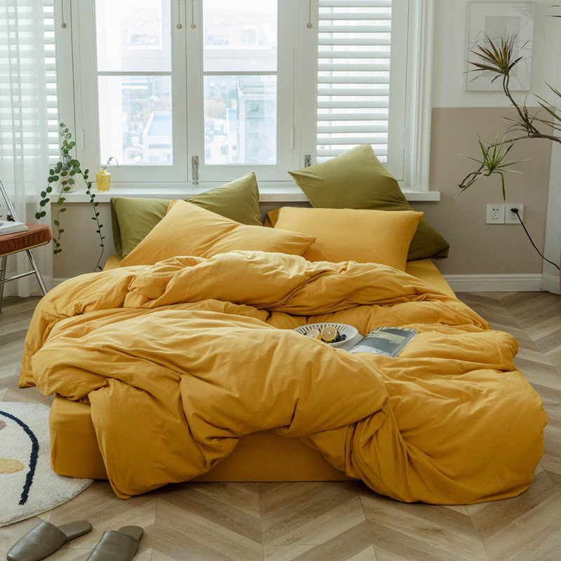 Ensemble de housse de couette 100% coton VCLIFE, Housse de couette pour très grand lit et 2 taies, Jaune gingembre