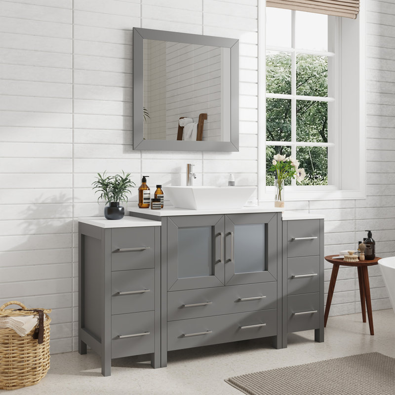 Ravenna 54" Freestanding Single Sink Bathroom Vanity with Engineered Marble Top and Matching Mirror, Gray