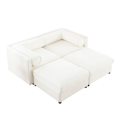 Stylish White Chenille 2-Seater Sofa With 2 Ottoman Storage Seat, Cylindrical Backrest And Armrests, Modern Fabric Loveseat Featuring Hidden Storage Space