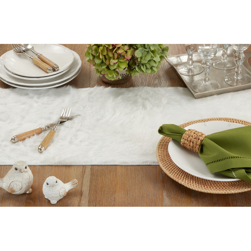 Chemin de table rectangulaire en fausse fourrure Chynia, blanc, L 120 po x l 15 po