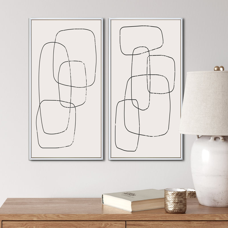 «Abstract Geometric Minimalistic Line I», ensemble de 2 peintures, H 32 po x l 32 po x P 1 po, Cadre blanc