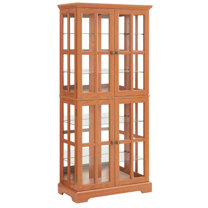 Dark Oak, Four - Door Glass Curio Cabinet, Adjustable Shelves, Metal Handles, Integrated Lighting, Doll Display Interior Design