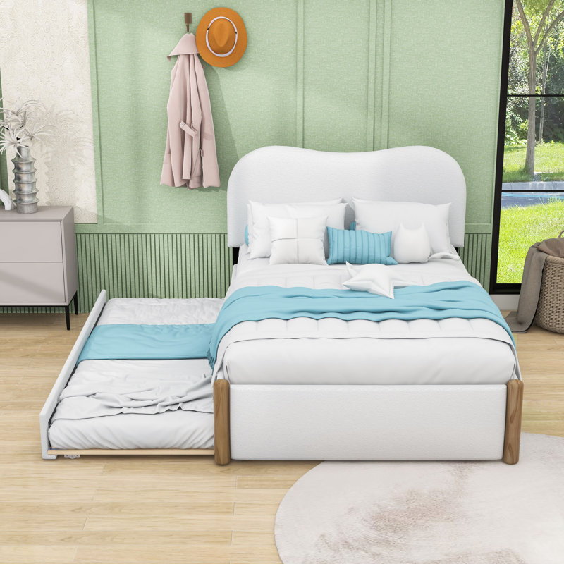 Lit plateforme tapissier avec tête de lit et gigogne gigogne simple, Double