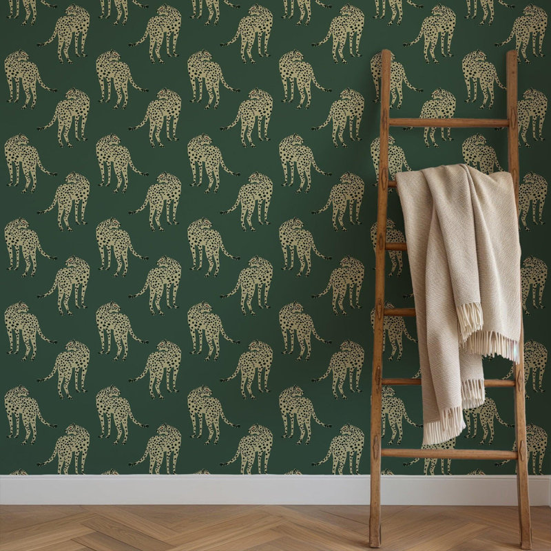 Prowling Cheetah - Wallpaper, Non-Pasted, Faux Grasscloth, Green