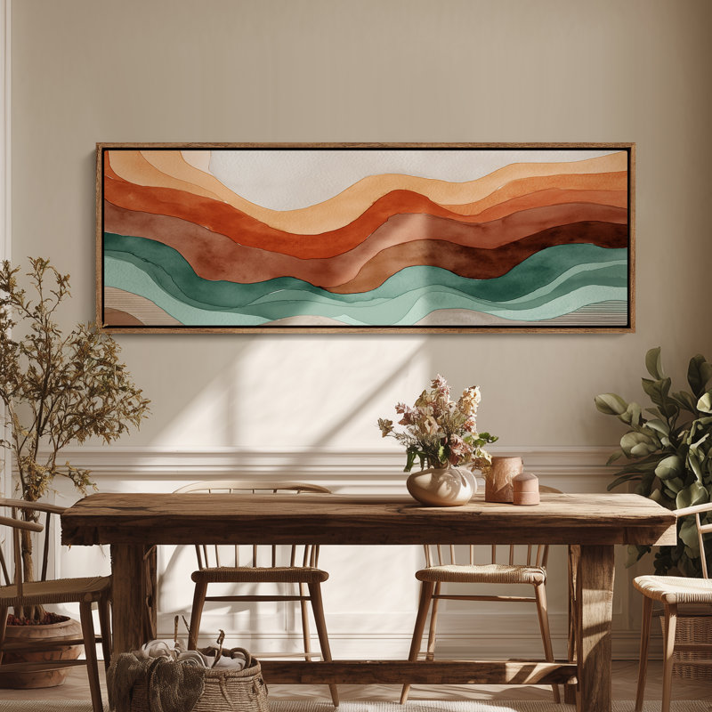Grande toile murale encadrée - Couches abstraites coulantes terre cuite et sauge - 60 po x 20 po, 60 po x 30 po, Natural