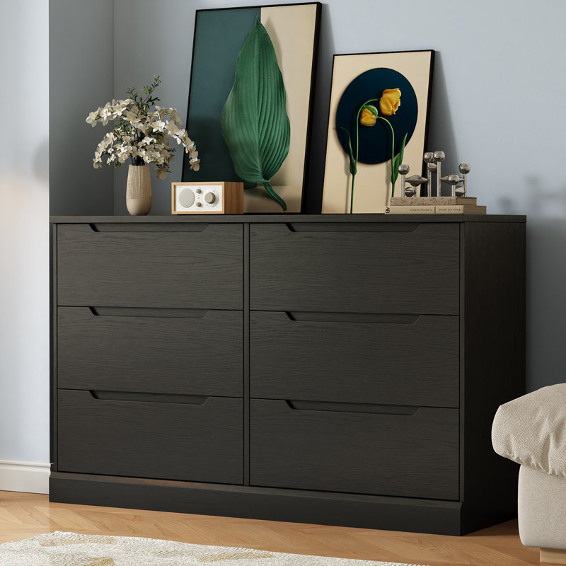 Commode 6 tiroirs l 47,2 po, commode double moderne en bois massif avec tiroirs profonds, commode pour chambre à coucher