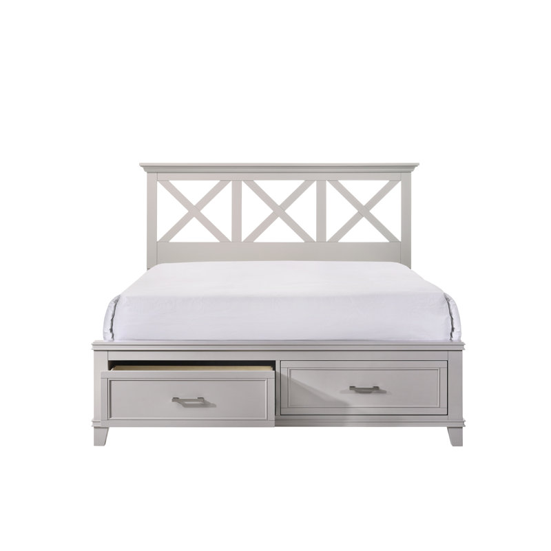 King Size Bed With Gray Storage Compartment - X Headboard Design Functional Solid Wood And