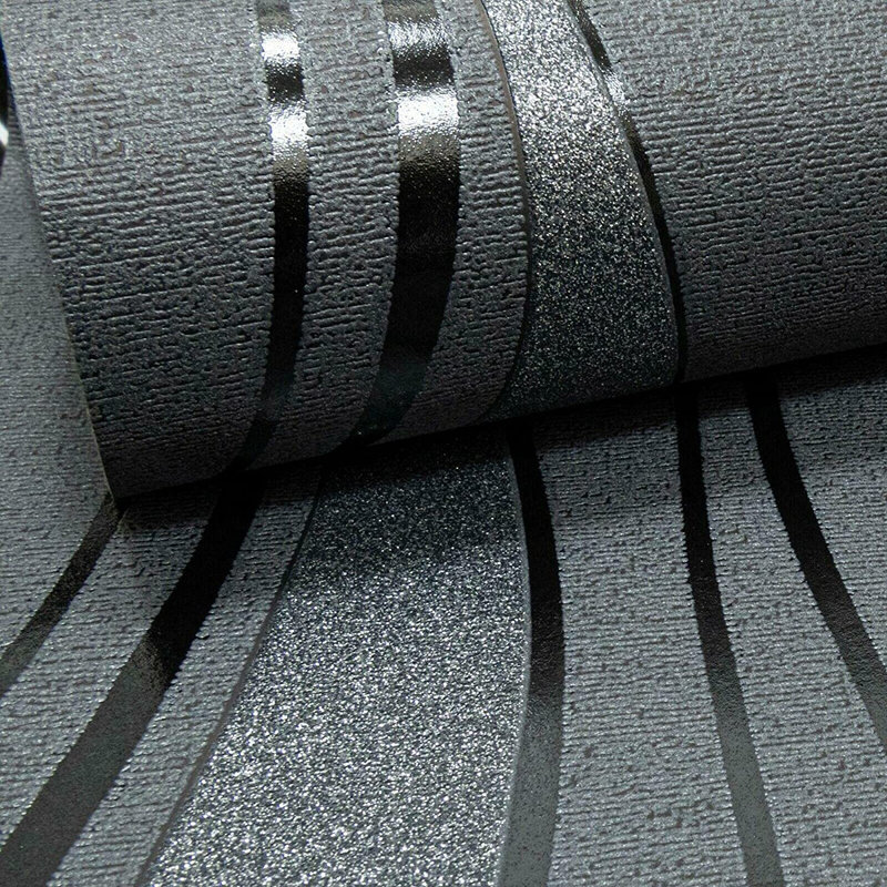 Charcoal Grey Black Modern Vinyl Wave Stripe Glitter Textured Paste The Wall Wallpaper - Designer Thick Solid Heavy Duty Textured Wallpaper