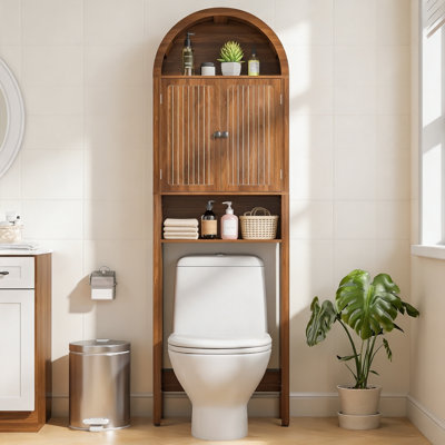 Armoire de salle de bain autoportante au-dessus d'une toilette arquée, bois de noyer, agencement à 4 niveaux avec portes à panneaux cannelés | Étagère de rangement mince et étroite de style moderne Mid-Century, petit organisateur de salle de bain, tablettes réglables personnalisables