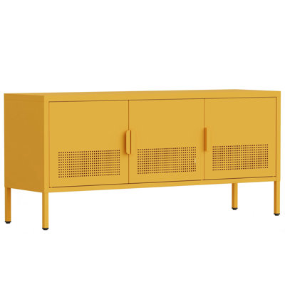 Meuble télé 3 portes, armoire de rangement en métal avec tablette réglable, armoire d'appoint à 2 niveaux, casier polyvalent en métal pour le bureau, la maison, le salon, jaune H 22 po x l 47,3 po x P 13,8 po